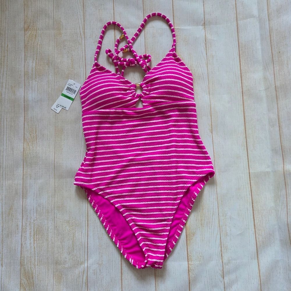 Lucky Brand Striped Criss Cross Back Stretchy One Piece Key Hole Swimsuit Pink